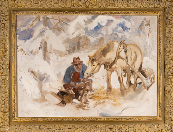 MOSSE STOOPENDAAL. Olja på duk, "kamrater i skogen" signerad, daterad 1933. på auktion hos Norrlands Auktionsverk