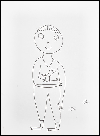 ROGER RISBERG (Sverige, Göteborg, 1956-2011). Pojke med fågel, monogramsignerad RR, tuschteckning. på auktion hos Crafoord Auktioner Stockholm