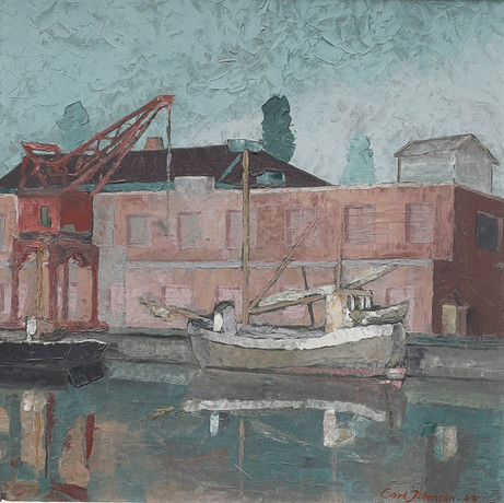 CARL JOHANSSON (1906-1993). olja på pannå, Hamnmotiv Halmstad, signerad, daterad 1947. på auktion hos Auktionsmagasinet Vänersborg
