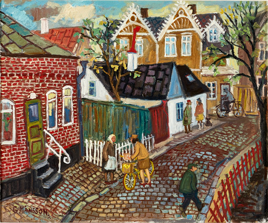 GÖSTA MÅNSSON (1924-2009). Gata i Limhamn, signerad G Månsson, olja på duk. på auktion hos Crafoord Auktioner Stockholm