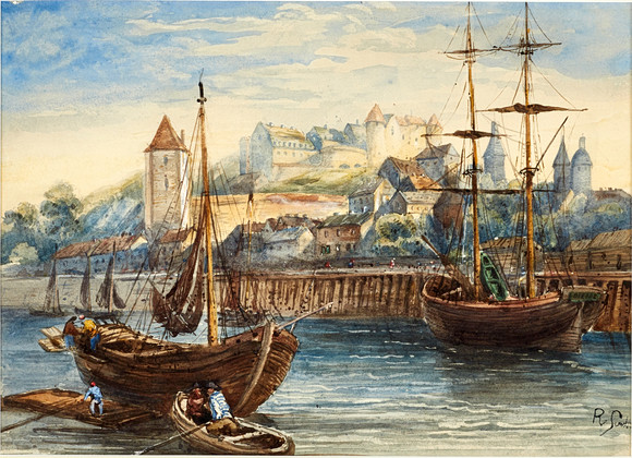 OIDENTIFIERAD KONSTNÄR. Hamnstad, akvarell, signerad, sannolikt England, 1800-tal. på auktion hos Crafoord Auktioner Stockholm