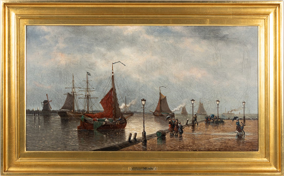 AUGUSTE HENRI MUSIN (BELGIEN, 1852-1923). "Journée Pluvieuse - Quai de Dordrecht", olja på duk. på auktion hos Stockholms Auktionsverk Helsingborg