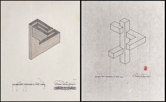 OSCAR REUTERSVÄRD (Sverige, 1915-2002), (2), Perspective japonaise "No 440 dahq", "No 300 mac", signerade, tec på auktion hos Crafoord Auktioner Stockholm
