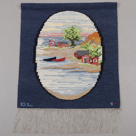 GERTIE LUNDBERG. "Skärgård", bonad, röllakan, Vävaregården, signerad. på auktion hos Växjö Auktionskammare