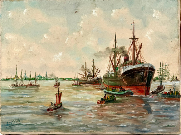OIDENTIFIERAD KONSTNÄR (1900-tal). Marint motiv med hamninlopp, möjligen Amsterdam, olja på duk, signerad E St på auktion hos Skandia Auktion