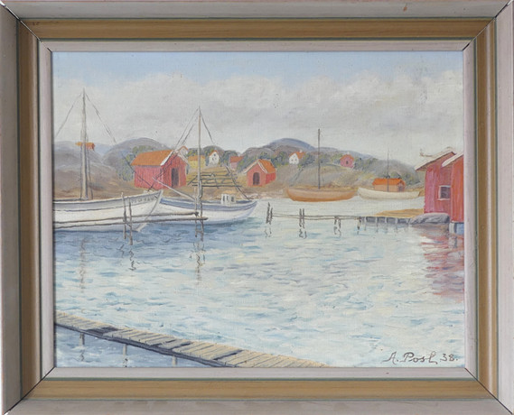 OLJA PÅ DUK, kusthamn, signerad A Post -38. på auktion hos Lysekils Auktionsbyrå
