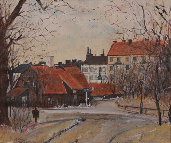 ERIK SKOGLUNDH. Stadsmotiv, olja på duk, signerad och daterad -57. på auktion hos Auktionsfirma Kenneth Svensson i Kalmar