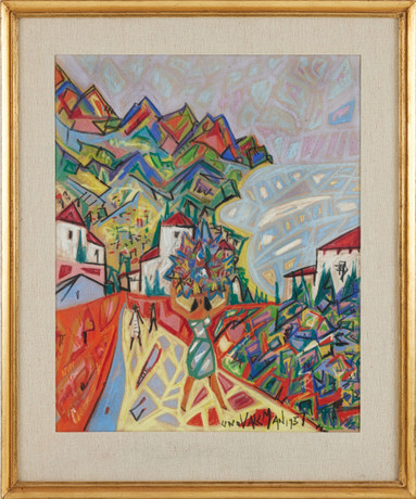 UNO VALLMAN. Bergslandskap med by i förgrunden, pastell, signerad och daterad 1957. på auktion hos Stockholms Auktionsverk Magasin 5
