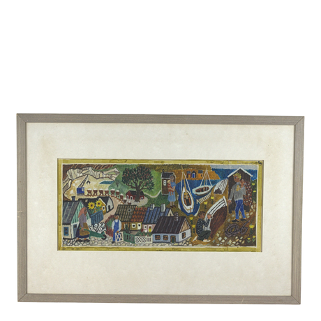 INGA PALMGREN. Bymiljö vid havet, gouache, signerad. på auktion hos Höganäs Auktionsverk