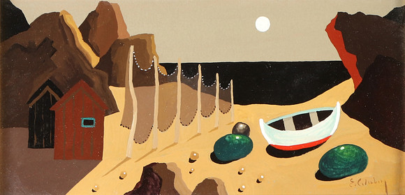 ERIC CEDERBERG. Tempera. Motiv med båt på strand. Signerad. på auktion hos Skånes Auktionsverk