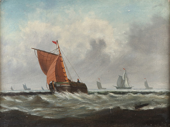 C. JAMES. Oljemålning på duk. Fiskebåtar till havs. Signerad. på auktion hos Skånes Auktionsverk