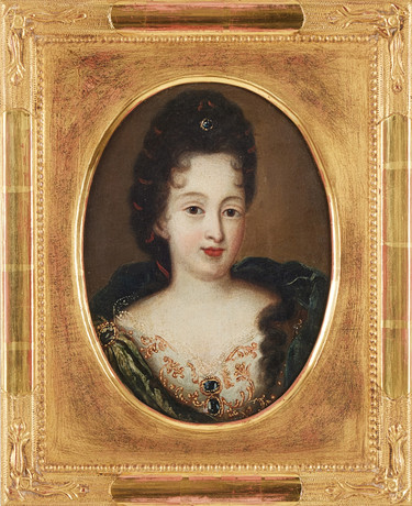 PIERRE MIGNARD (Frankrike 1640-1725). Hans efterföljd, 1700-tal, porträtt av elegant dam, olja på uppfodrad du på auktion hos Stockholms Auktionsverk Magasin 5