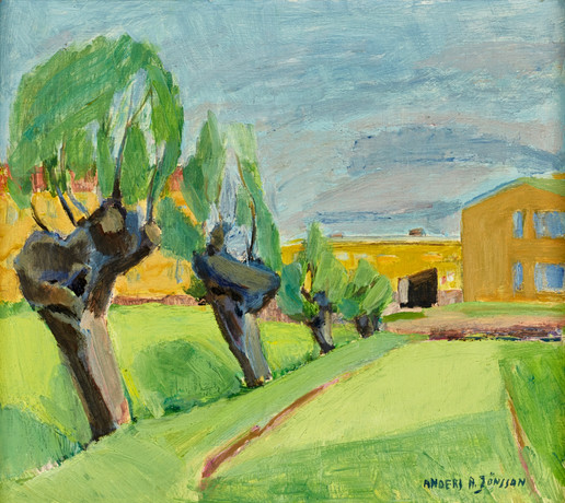 ANDERS A JÖNSSON (1907-2002). "Pilar vid Rosengårdsstaden", olja på pannå, signerad. på auktion hos Crafoord Auktioner Stockholm