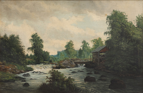 OKÄND KONSTNÄR, FLODLANDSKAP MED VATTENKVARN, OSIGNERAD, O. 1900. på auktion hos Crafoord Auktioner Lund