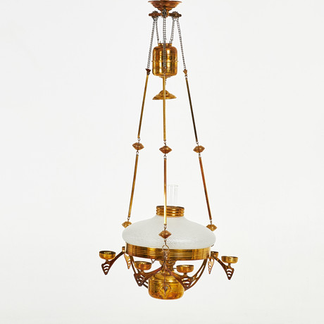 FOTOGENTAKLAMPA. Mässing, kupa i frostat glas, 1900-tal. på auktion hos Stockholms Auktionsverk Sickla