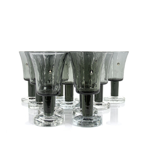 GÖRAN WÄRFF. Vinglas 11 st. "Rustica", gråtonat glas, Pukeberg, 1960-tal. på auktion hos Höganäs Auktionsverk
