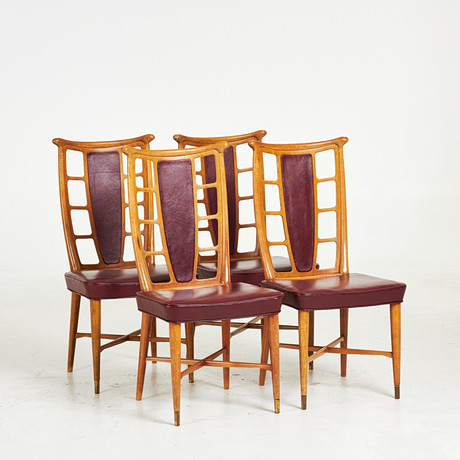 TAGE WESTBERG & SÖREN MORANDER. Stolar. 4 st, "Rutor", AB Westbergs möbler, sent 1940-tal, mahogny, skinnkläds på auktion hos Stockholms Auktionsverk Sickla