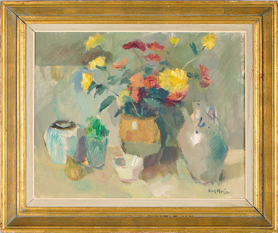 OLOF ARÉN. Stilleben med blommor och krus. på auktion hos Uppsala Auktionskammare