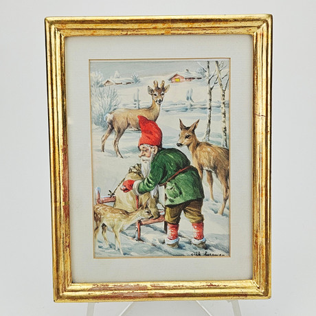ERIK FORSMAN. Tomte och rådjur. Akvarell och täckvitt, signerad Erik Forsman. på auktion hos Auktionshuset Thörner & Ek