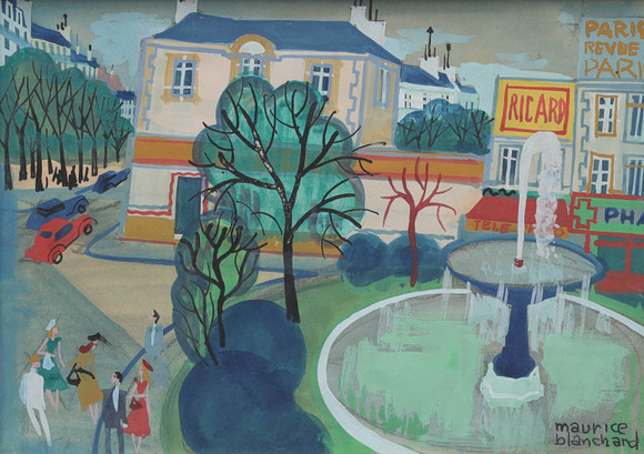 MAURICE BLANCHARD. blandteknik på papper, fontän i Paris, signerad. på auktion hos Auktionsmagasinet Vänersborg