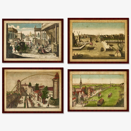 GRAVYRER, 4 st, 1700-tal, sk tittskåpsvyer, handkolorerade, visar bl a Hamburg och Rotterdam. på auktion hos Stockholms Auktionsverk Magasin 5