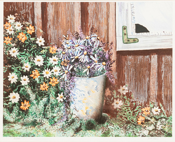 MATS HÅDELL (1958-2021). Blommor vid vägg, färglitografi, signerad och numrerad, 123/310. på auktion hos Auktionshuset Kolonn