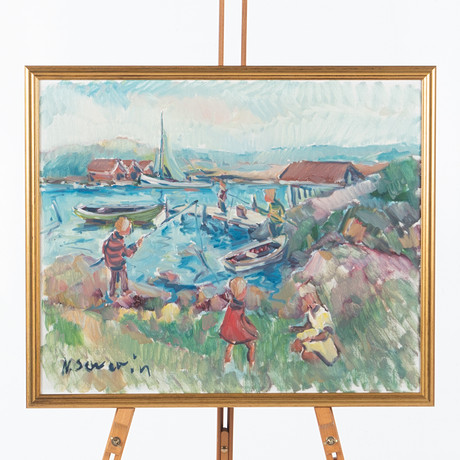 NILS SEVERIN. Fiskeläge med barn. på auktion hos Laholms Auktionskammare