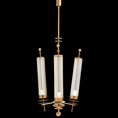 TAKLAMPA, 3 ljuspunkter, stomme i patinerad mässing med cylindriska glaskupor i frostat glas, 1930-tal. Funkis på auktion hos Crafoord Auktioner Stockholm