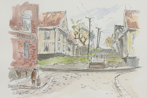 OVE MATHIESEN. Akvarell, "Bergsgatan, Hoppet", signerad. på auktion hos Ekenbergs Auktioner