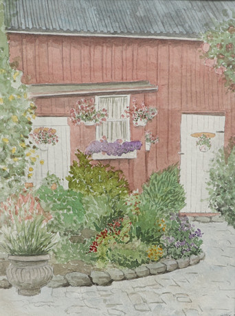 ANDREAS BJÖRKLUND. Akvarell, Gårdshus med blommor, signerad, daterad -92. på auktion hos Ekenbergs Auktioner