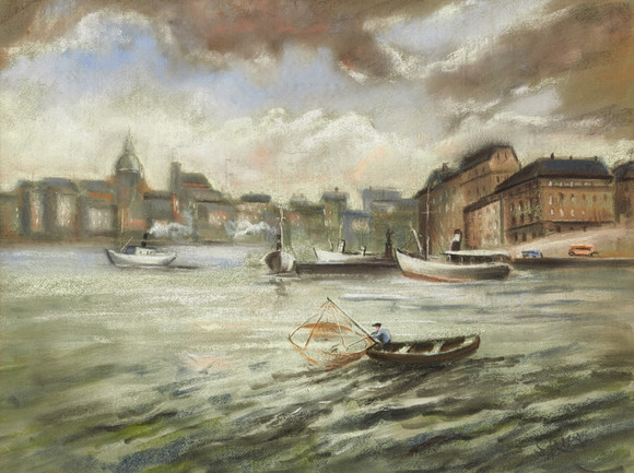 SIGFRID FRIES, fiske på strömmen, slottet i bakgrunden, pastell. på auktion hos Crafoord Auktioner Stockholm