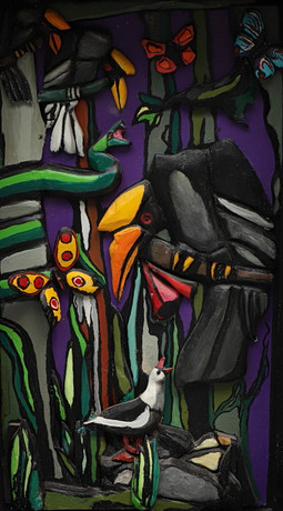 LARS-GUNNAR HULT. Tredimensionellt konstverk, färgstarka djur, bemålat trä, 1900-/2000-tal. på auktion hos Ekenbergs Auktioner