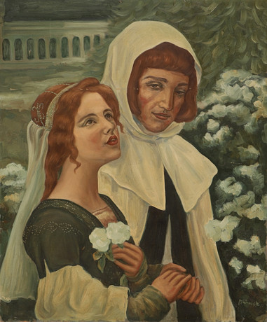 OIDENTIFIERAD KONSTNÄR. Olja på pannå, kopia efter "Dante och Beatrice" av Cesare Saccaggi, signerad. på auktion hos Ekenbergs Auktioner