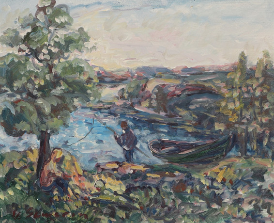 NILS SEVERIN. Olja på duk, fiske, signerad. på auktion hos Ekenbergs Auktioner