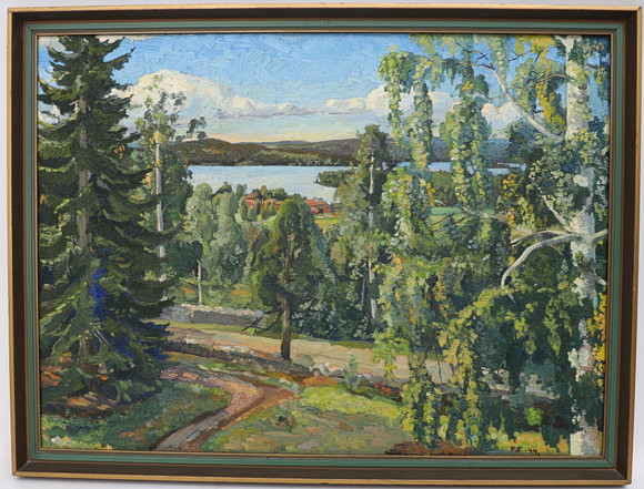 FOLKE FORSLUND. Sommarlandskap, oljemålning på duk, monogramsignerad och daterad 44. på auktion hos Falun Auktionsbyrå