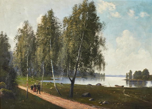 OIDENTIFIERAD KONSTNÄR. Sjölandskap med skördefolk, signerad och daterad O Carlson 1908, olja på duk. på auktion hos Crafoord Auktioner Stockholm