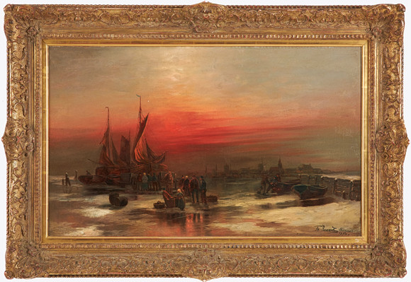 DÉSIRÉ THOMASSIN-RENARDT. Skymningsmotiv med fiskare stranden, olja på duk, signerad och daterad 1894. på auktion hos Stockholms Auktionsverk Sickla