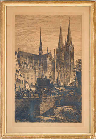 AXEL HERMAN HÄGG (1884-1966). "En framtidsbild: motiv från Uppsala", 1881, akvatintetsning, för Konstföreninge på auktion hos Uppsala Auktionskammare
