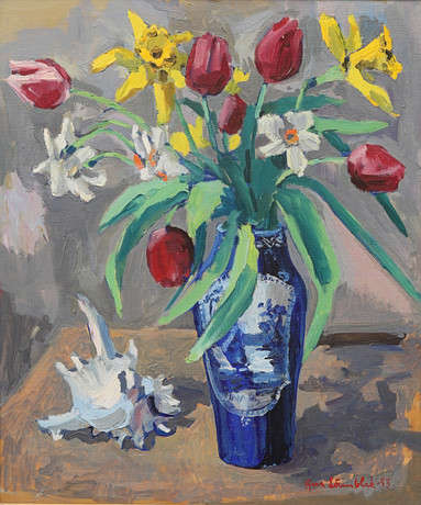 KJELL LÖNNBLAD. BLOMSTERSTILLEBEN, signerad och daterad -53. på auktion hos Crafoord Auktioner Malmö
