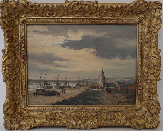 JURIAEN MARINUS VAN BEEK. Strandbank med figurer och bebygelse, oljemålning på träskiva, signerad. på auktion hos Falun Auktionsbyrå