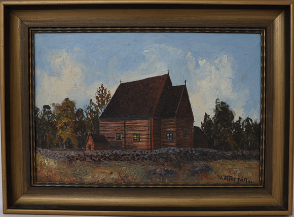 ARVID STRÖMQVIST. Skogsbild med kyrka, oljemålning på duk, signerad och otydligt daterad. på auktion hos Falun Auktionsbyrå