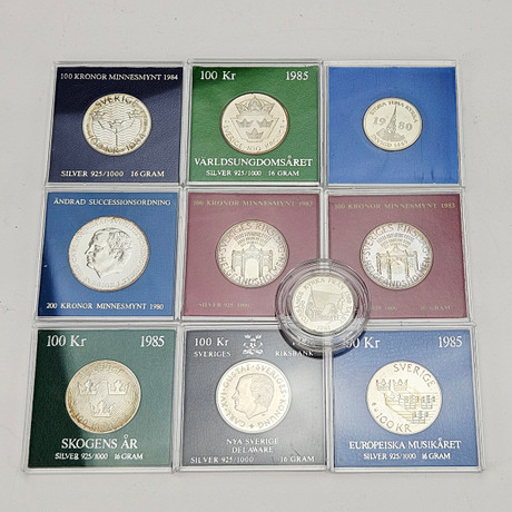 MYNT, 10 st, silver, Sverige, 100-200 kronor. på auktion hos Auktionshuset Thörner & Ek