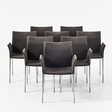 ROBERTO BARBIERI. "Lea", karmstolar, 8 st., Zanotta, Italien, stomme i aluminium, klädsel i grå textil. på auktion hos Stockholms Auktionsverk Magasin 5