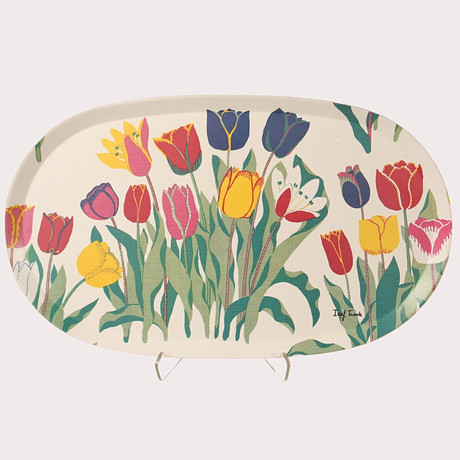 JOSEF FRANK. Serveringsbricka, laminat, "Tulpan" Svensk tenn. på auktion hos Limhamns Auktionsbyrå