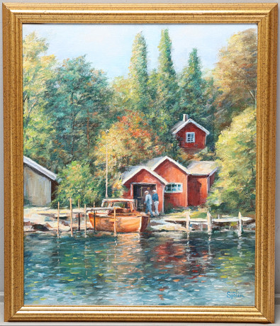 LENNART SJÖLIN. Olja på duk, "Sjöbodar vid Vättern", signerad. på auktion hos Gomér & Andersson Jönköping