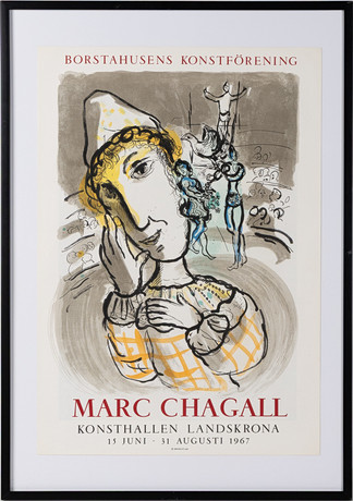 MARC CHAGALL. Originallitografi, "Le cirque au clown jaune", affisch utgiven 1967 i 1000 ex för Borstahusens K på auktion hos Stockholms Auktionsverk Helsingborg