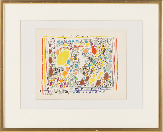 PABLO PICASSO. "Picador", färglitografi original, ur "A los toros avec Picasso", daterad i trycket 21.4.61. på auktion hos Stockholms Auktionsverk Helsingborg