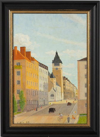 OIDENTIFIERAD KONSTNÄR. "Matteuskyrkan", Stockholm, olja på duk. på auktion hos Stockholms Auktionsverk Helsingborg