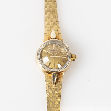 LONGINES, smyckesur, 14/ 18K guld. Diam 18 mm. på auktion hos Stockholms Auktionsverk Helsingborg