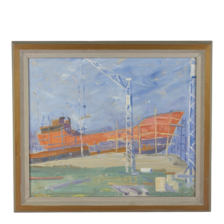 VILLE SJÖHOLM. Olja på pannå, fartyg på land, signerad. på auktion hos Höganäs Auktionsverk